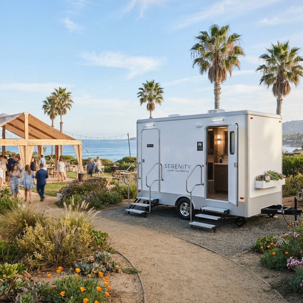Modern portable restroom trailer at a coastal Southern California event